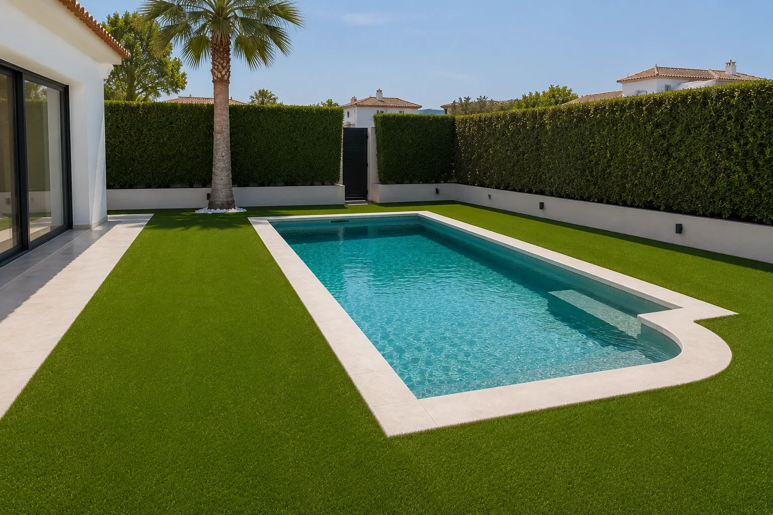 Piscina rectangular con césped artificial alrededor en una villa de Calpe