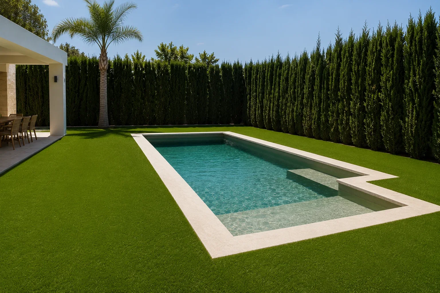 Zona de estar con césped artificial junto a la piscina en Calpe